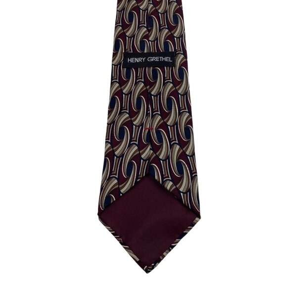 Henry Grethel 100% Silk Mens Tie Necktie Burgundy Black Tan Abstract Print - Picture 3 of 4